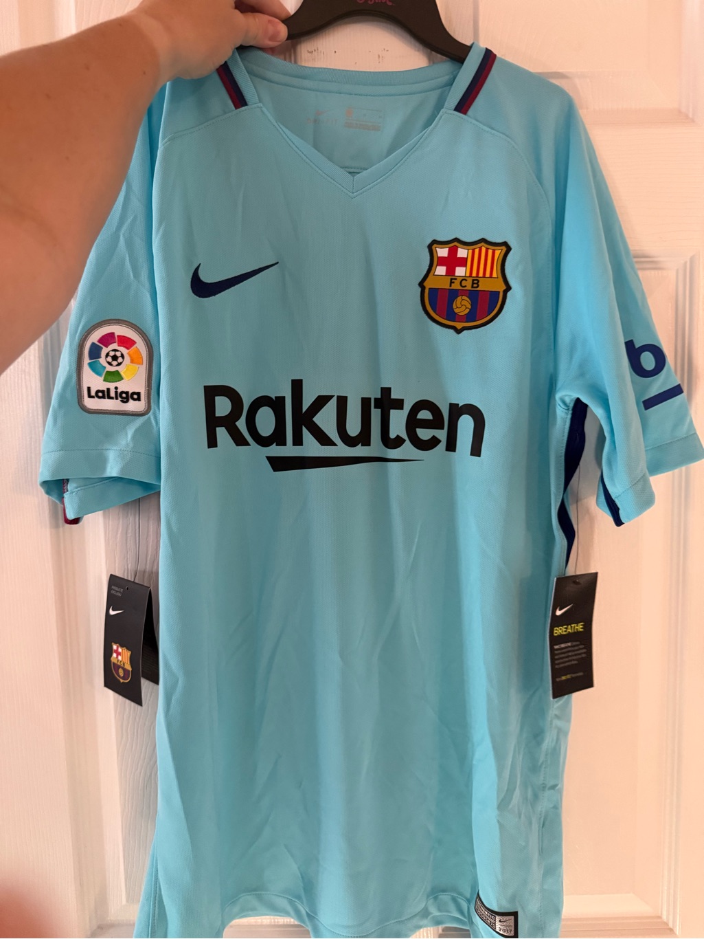 Nike Sky Blue Fc Barcelona Away Messi Jersey With Navy Accents